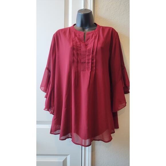 Timeson Women elegant Burgundy 3/4 Sleeve V-Neck Pleated Blouse size Large Tops - Picture 1 of 13